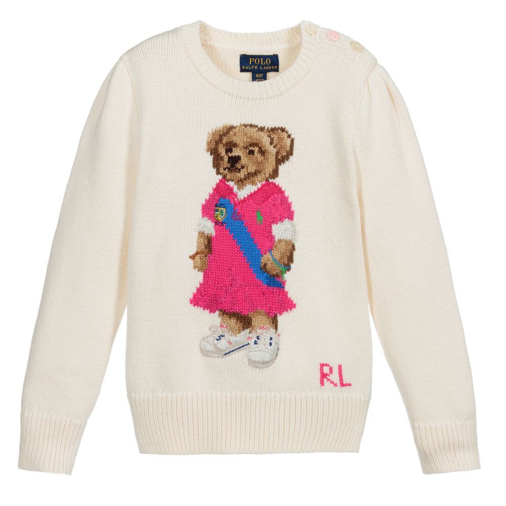 10723f2500feaa621cd8c0ab7efb0158 RALPH LAUREN Girls Ivory Cotton Polo Bear Sweater
